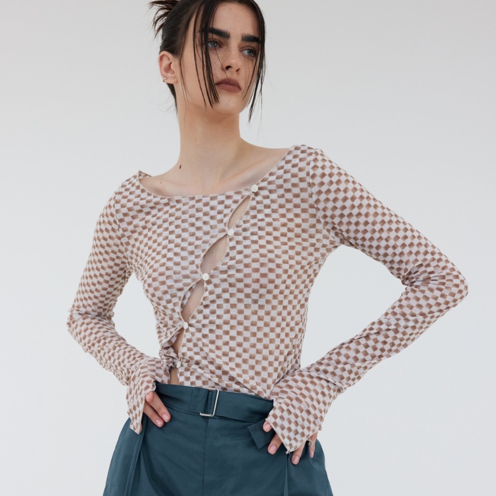 Checkered Diagonal Button Top